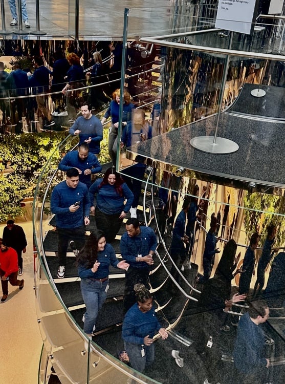 Apple employees on the stairs down to the store floor.