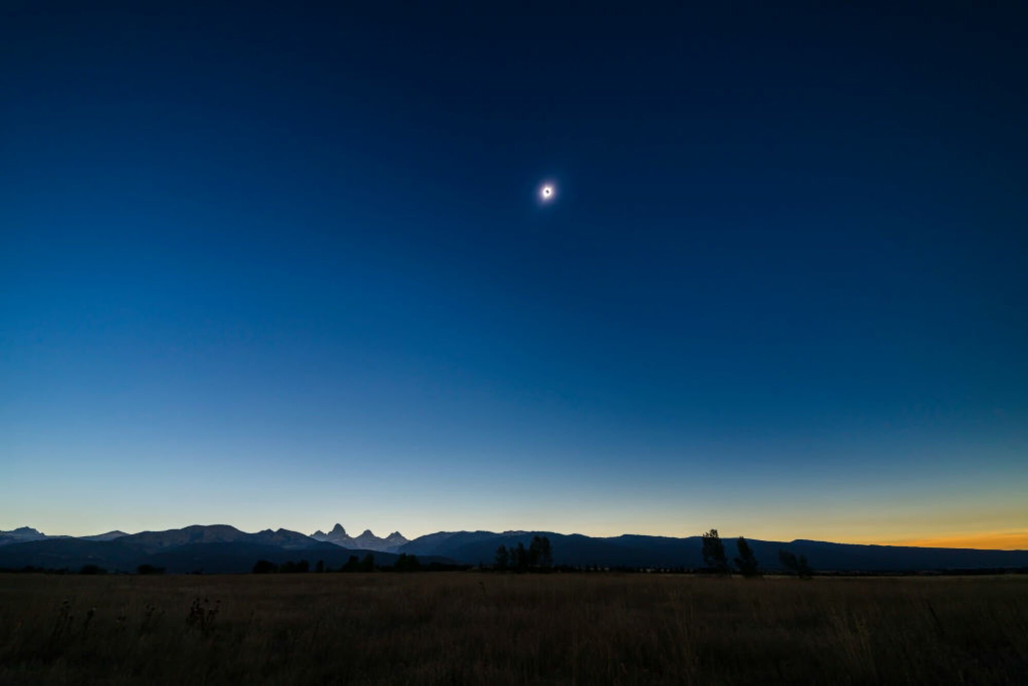 A 360-degree sunset before a total solar eclipse over the Grand Tetons in Idaho