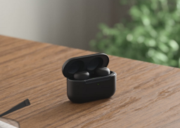 Amazon echo buds in black with charging case laying on table