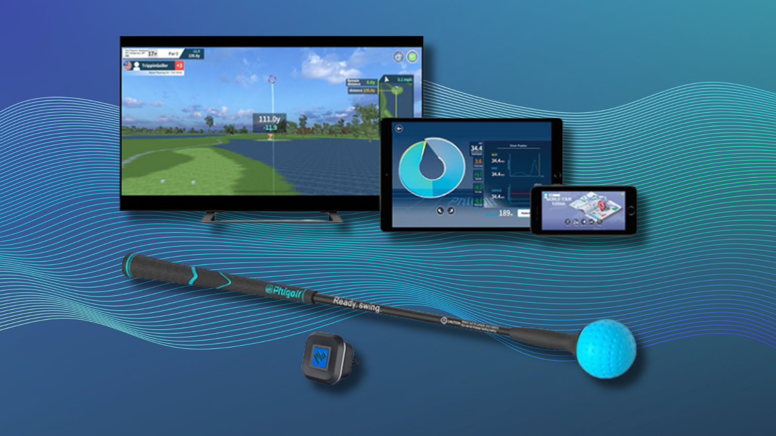 PhiGolf simulator and swing stick with blue gradient background