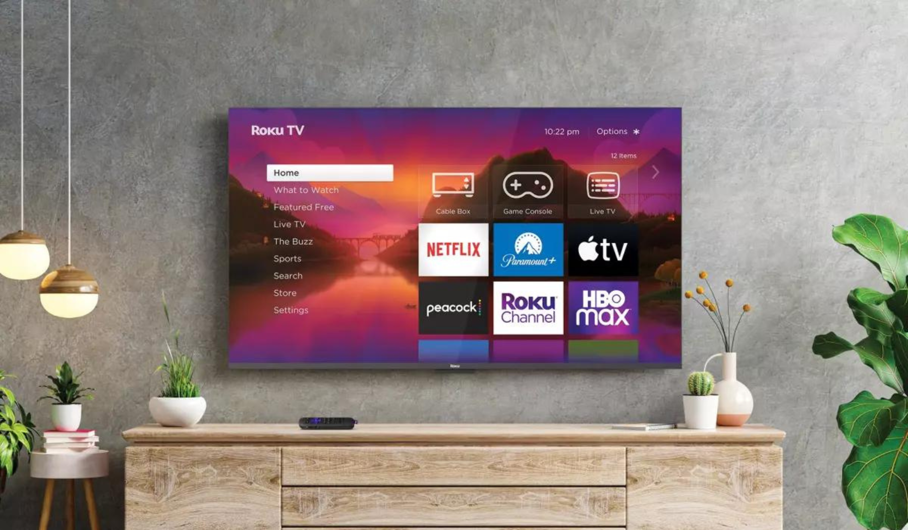 Hanging TV with streaming apps and Roku smart TV platform on screen with furniture and plants in peripherals