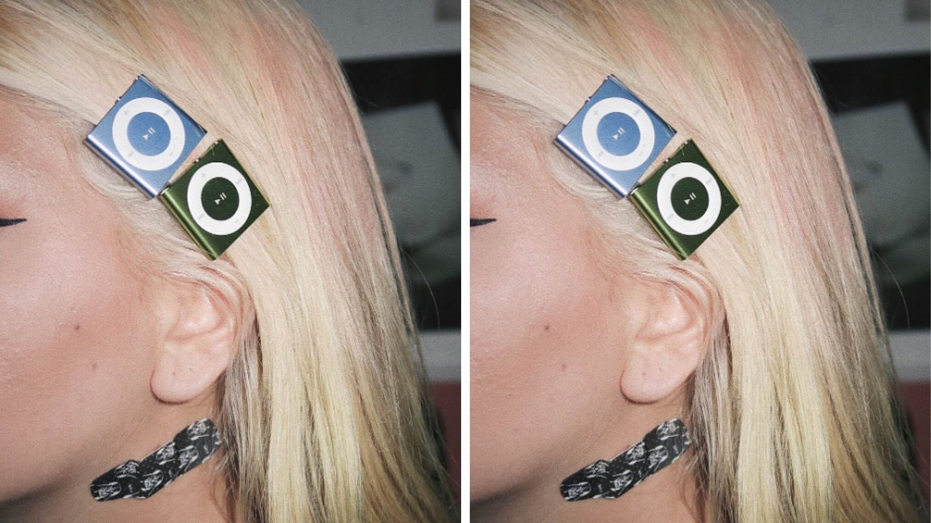 Blonde hair with two iPod shuffles as hair clips in the colors blue and green.