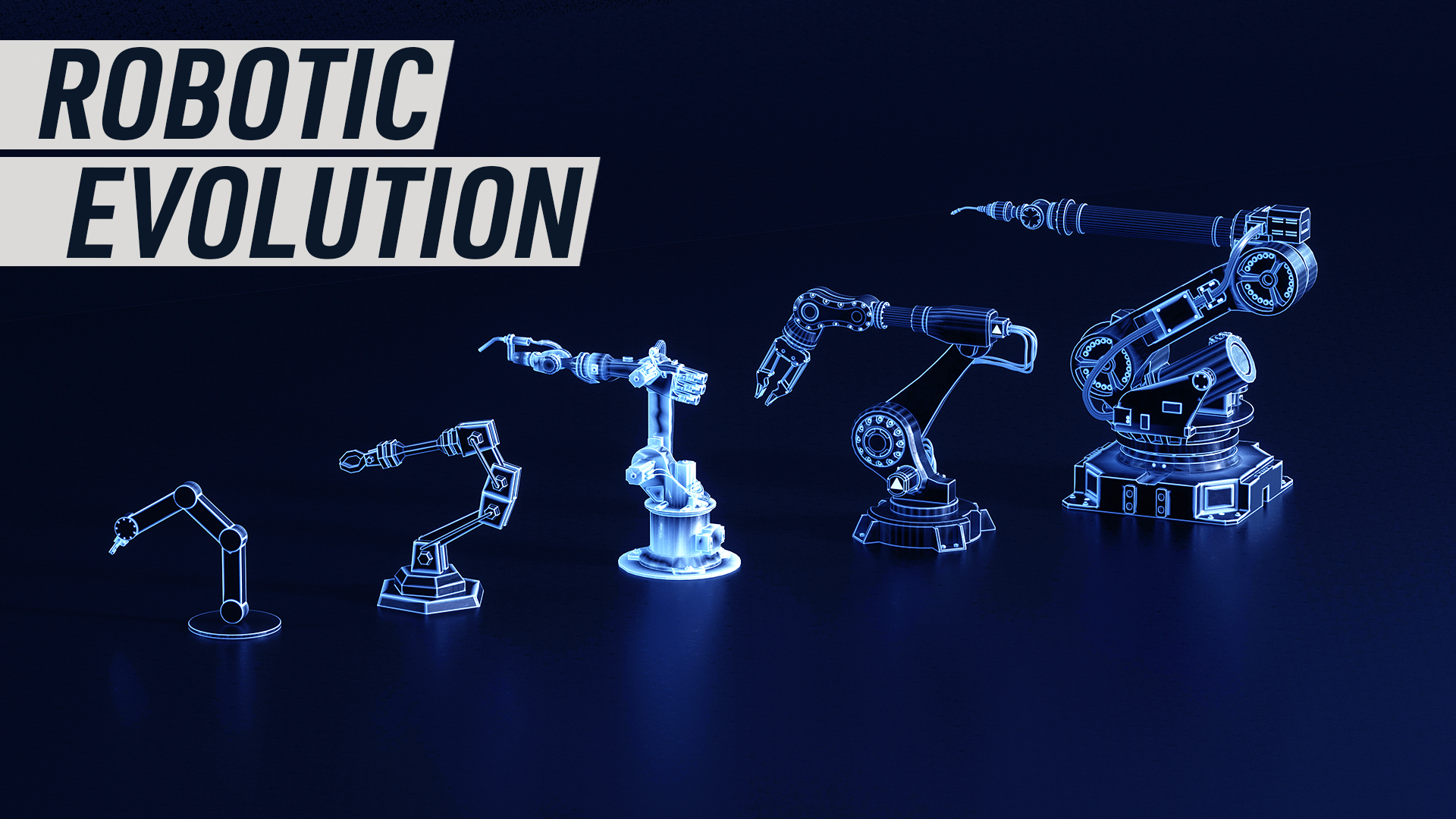 An illustration mimicking The March of Progress shows the evolution of a robotic arm.