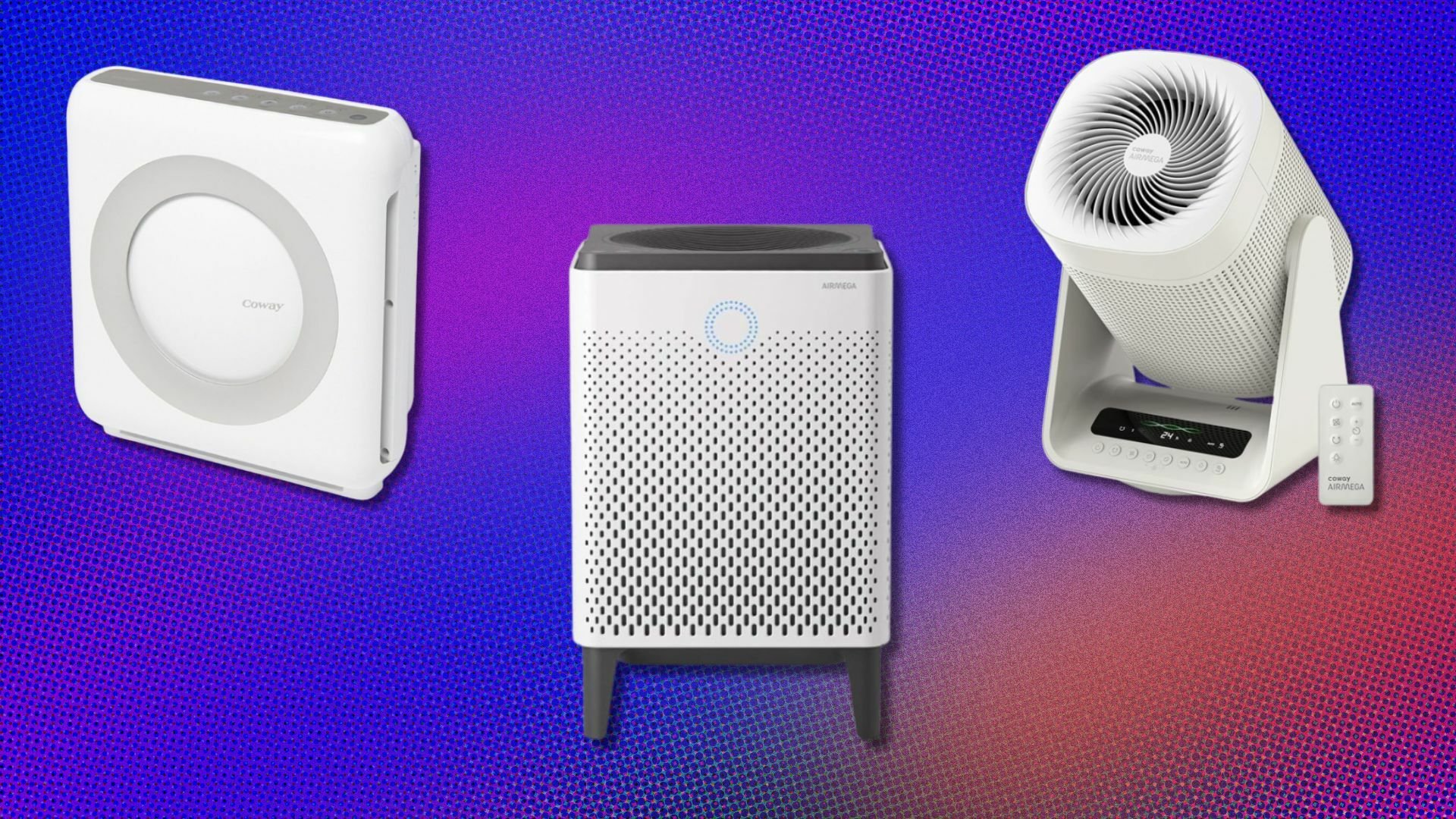three coway air purifiers on a purple background