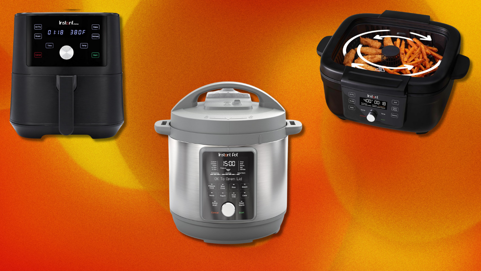 Instant Pot models on orange abstract background
