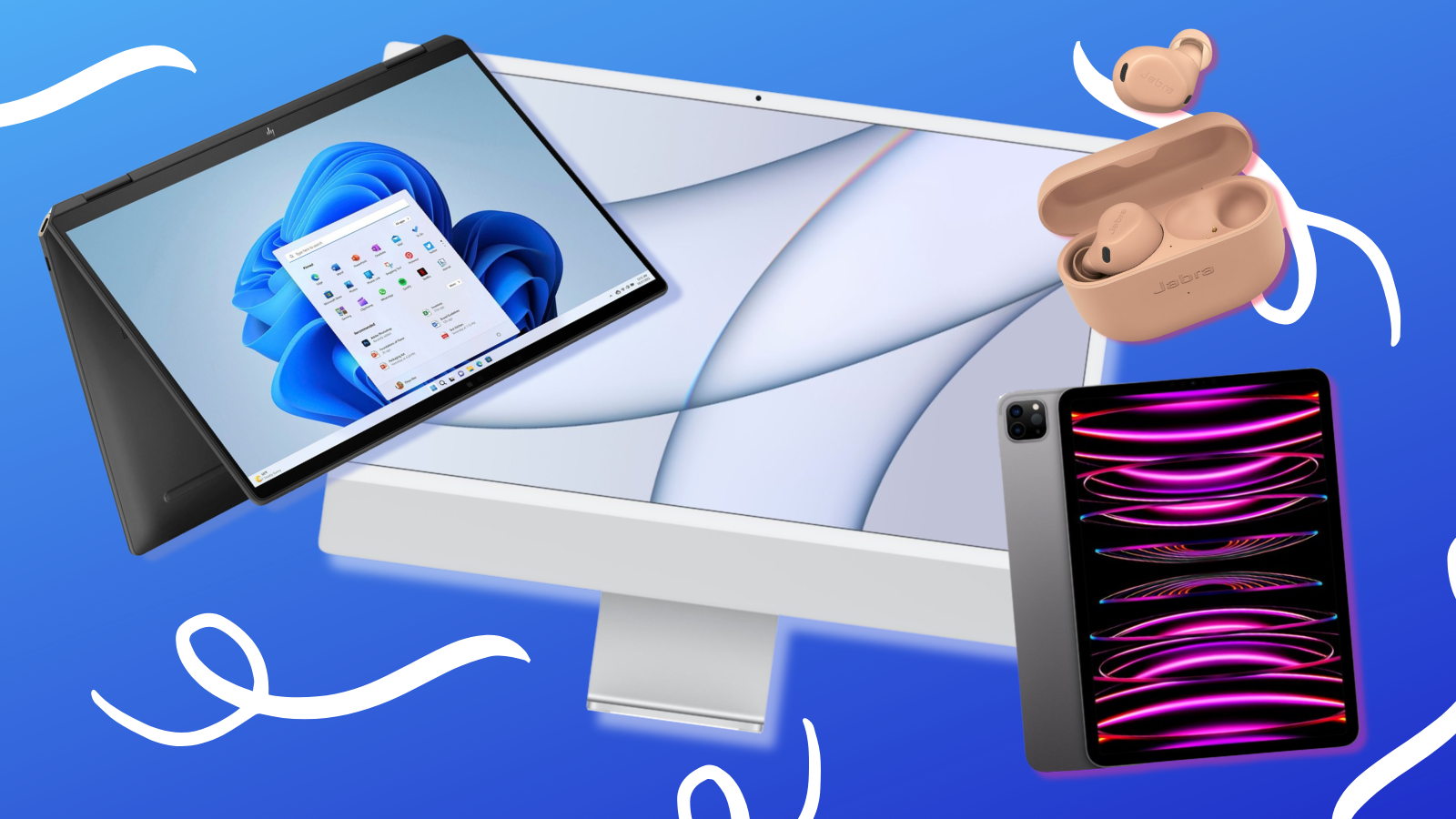 HP laptop, iMac, iPad, and Jabra headphones in collage with blue background