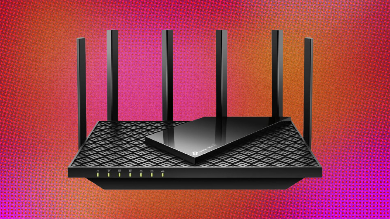 the TP-Link Archer AXE75 router against a pink and orange abstract background