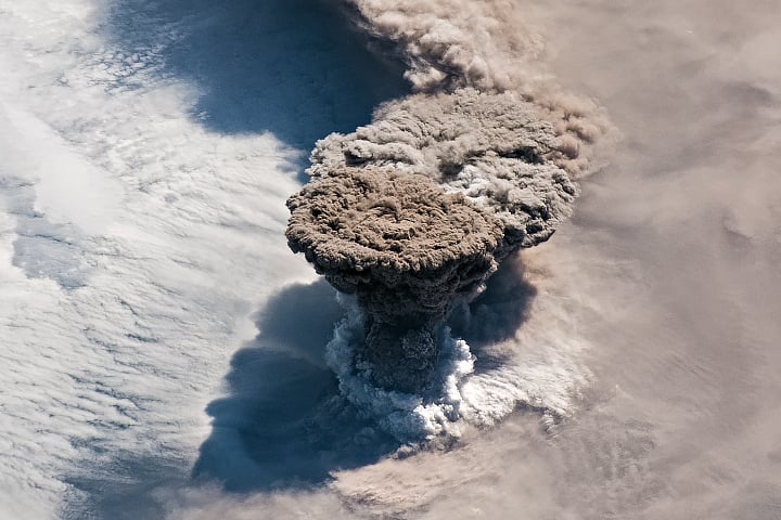 The view from the International Space Station as the Raikoke volcano erupts in 2019. (Not a super-eruption; such an event hasn't happened in modern history.)