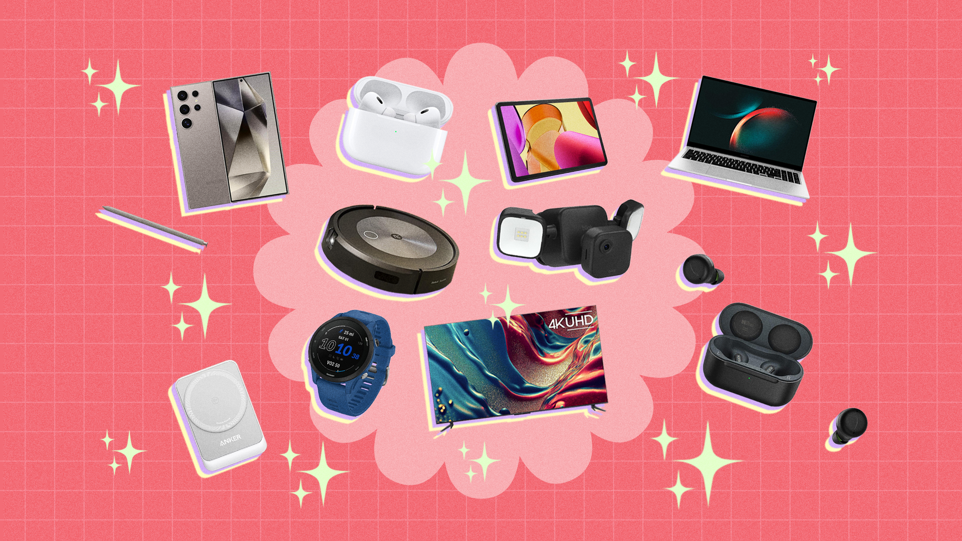 a composite of products on sale during amazon's big spring sale surrounded by sparkle emojis against a coral background