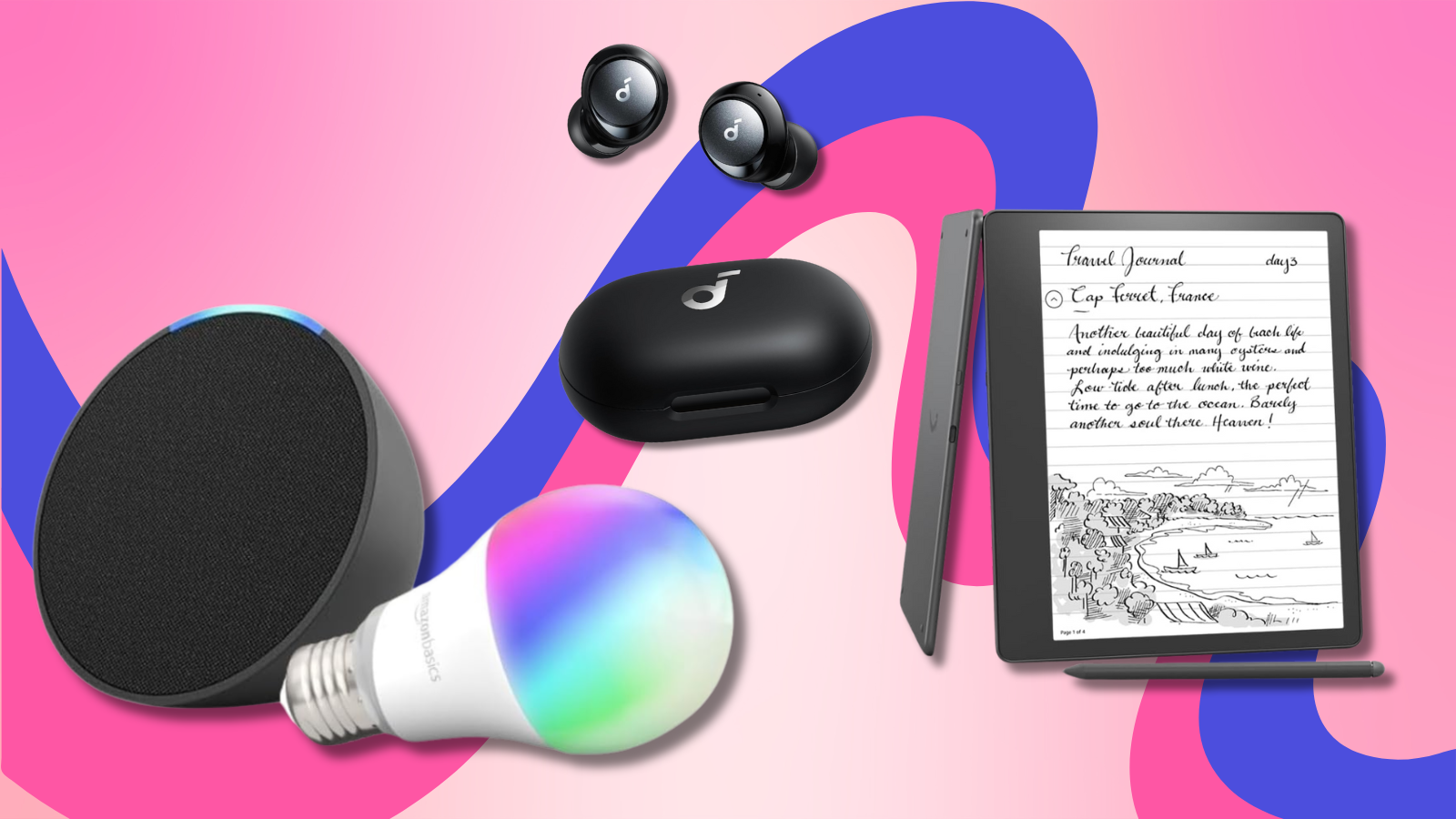 Amazon Echo Pop bundle, Soundcore earbuds, Kindle Scribe with pink gradient background