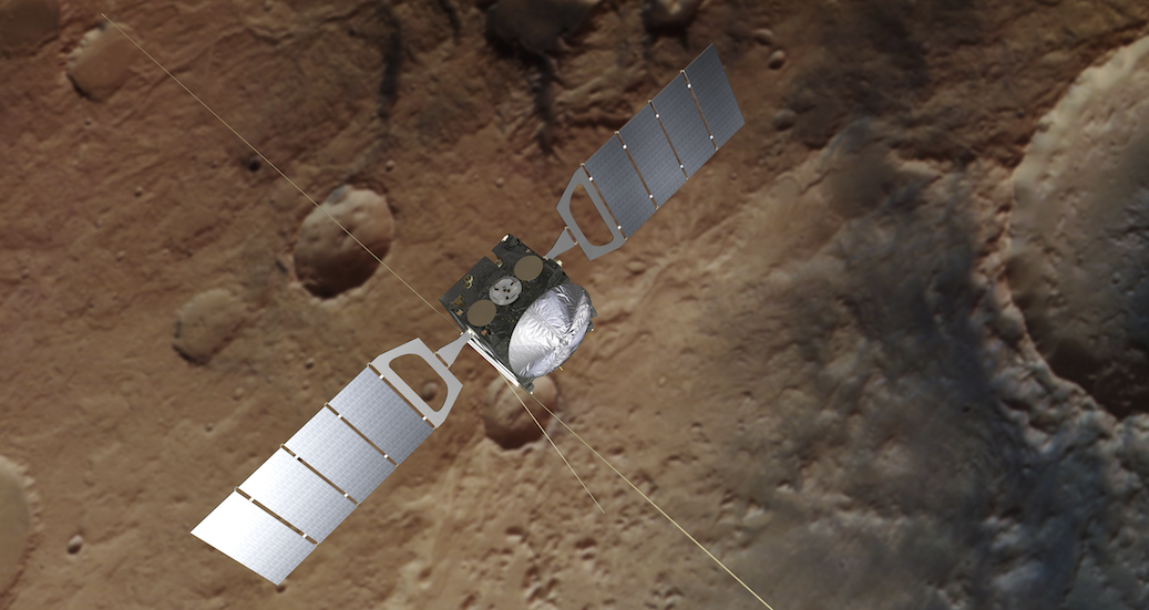 A graphic showing the European Space Agency's Mars Express Orbiter flying above Mars.