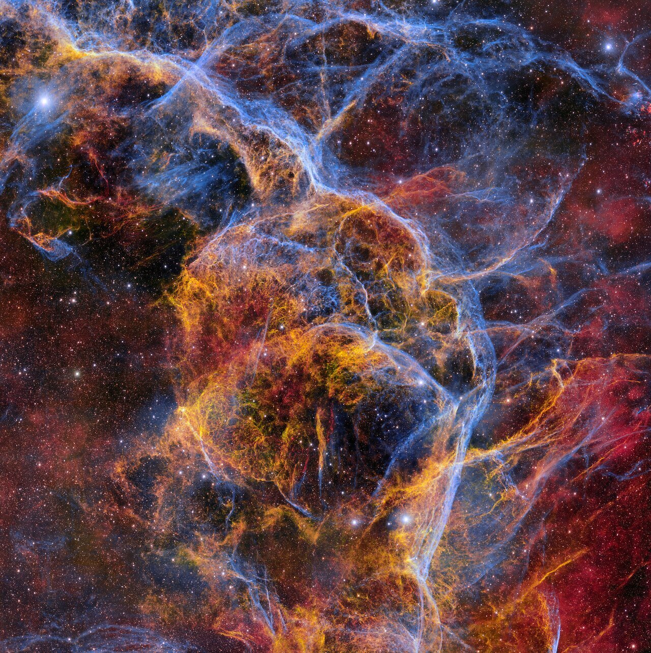 The  Vela Supernova Remnant, created 11,000 years ago when a massive star exploded.