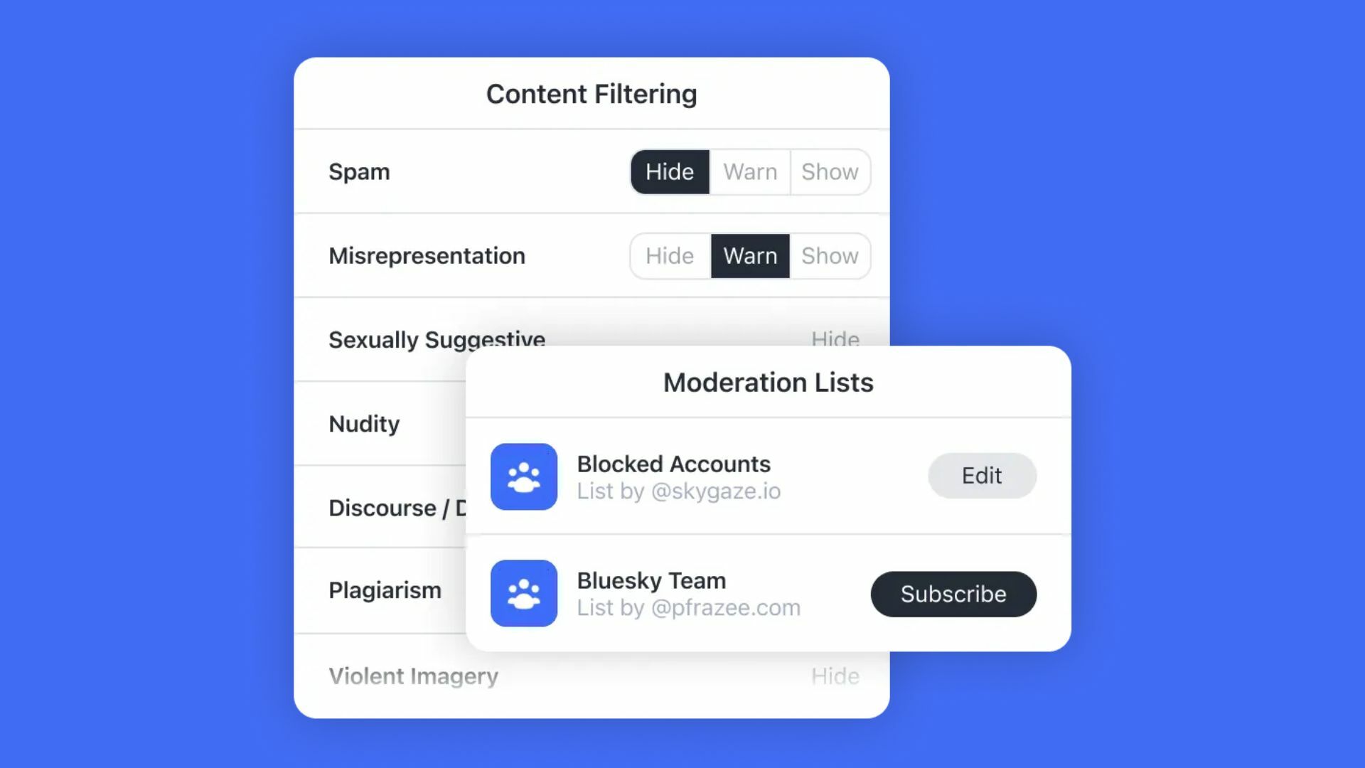 Screenshots of Bluesky's moderation tools.