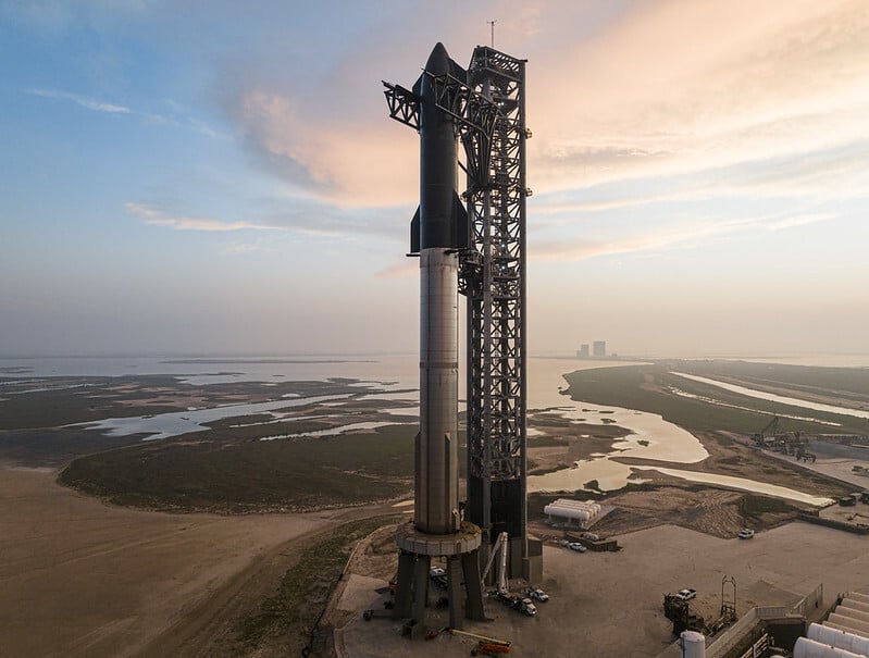 The Starship atop its rocket booster at its launch pad in Boca Chica, Texas, in 2023.