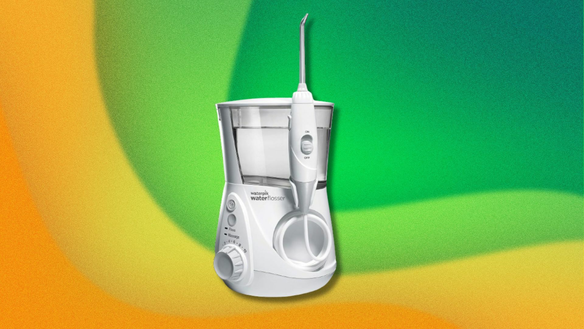 a white waterpik on a yellow, orange, and green background