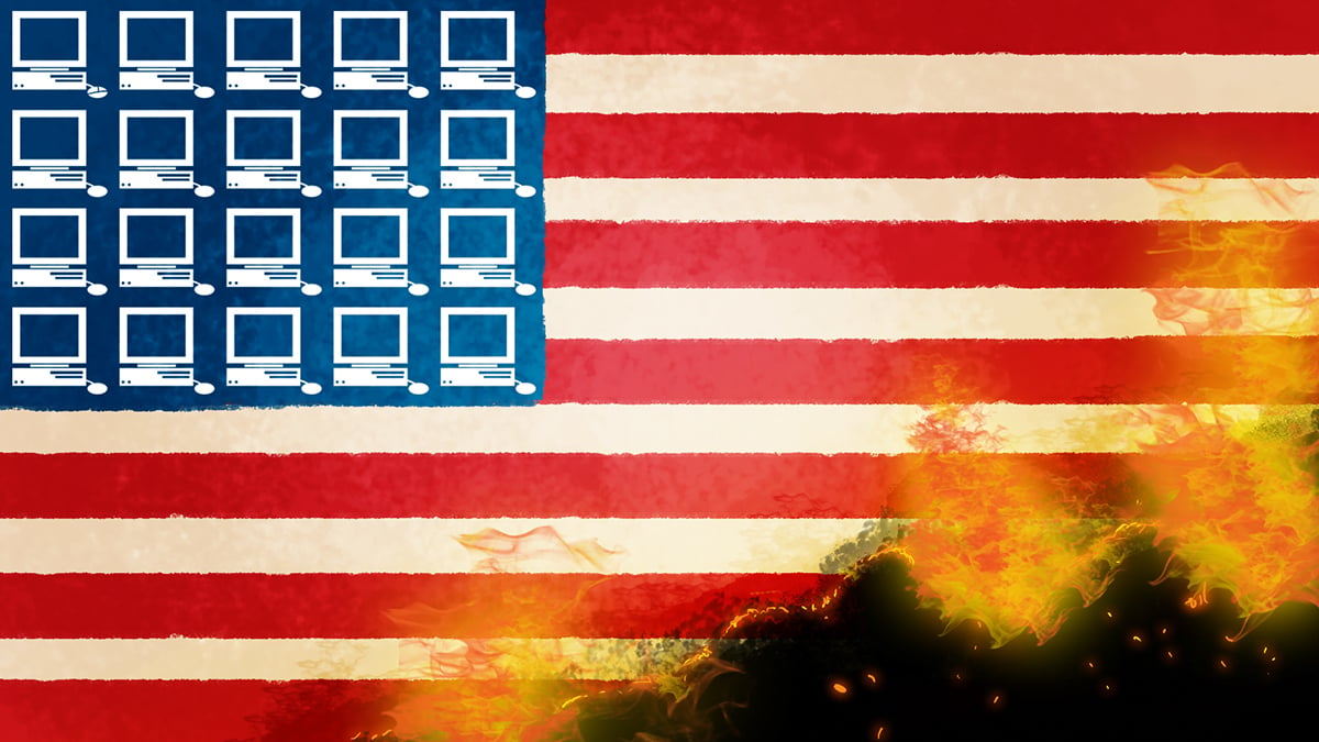 An illustration of an American flag. The stars are replaced by white computer monitors and the bottom right corner is on fire.