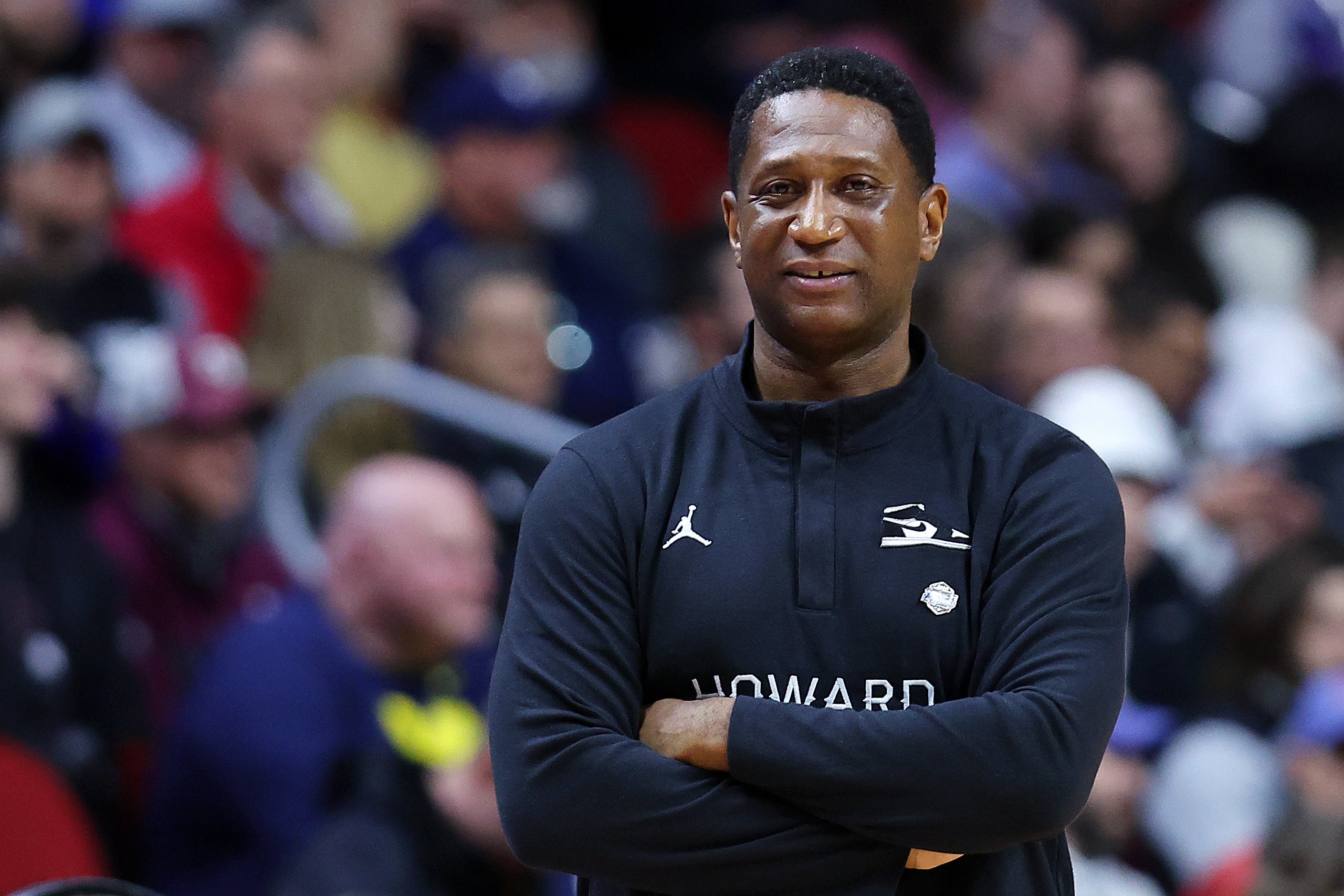 Head coach Kenny Blakeney of the Howard Bison looks on during the first half in the first round of the NCAA Men's Basketball Tournament at Wells Fargo Arena on March 16, 2023, in Des Moines, Iowa. 