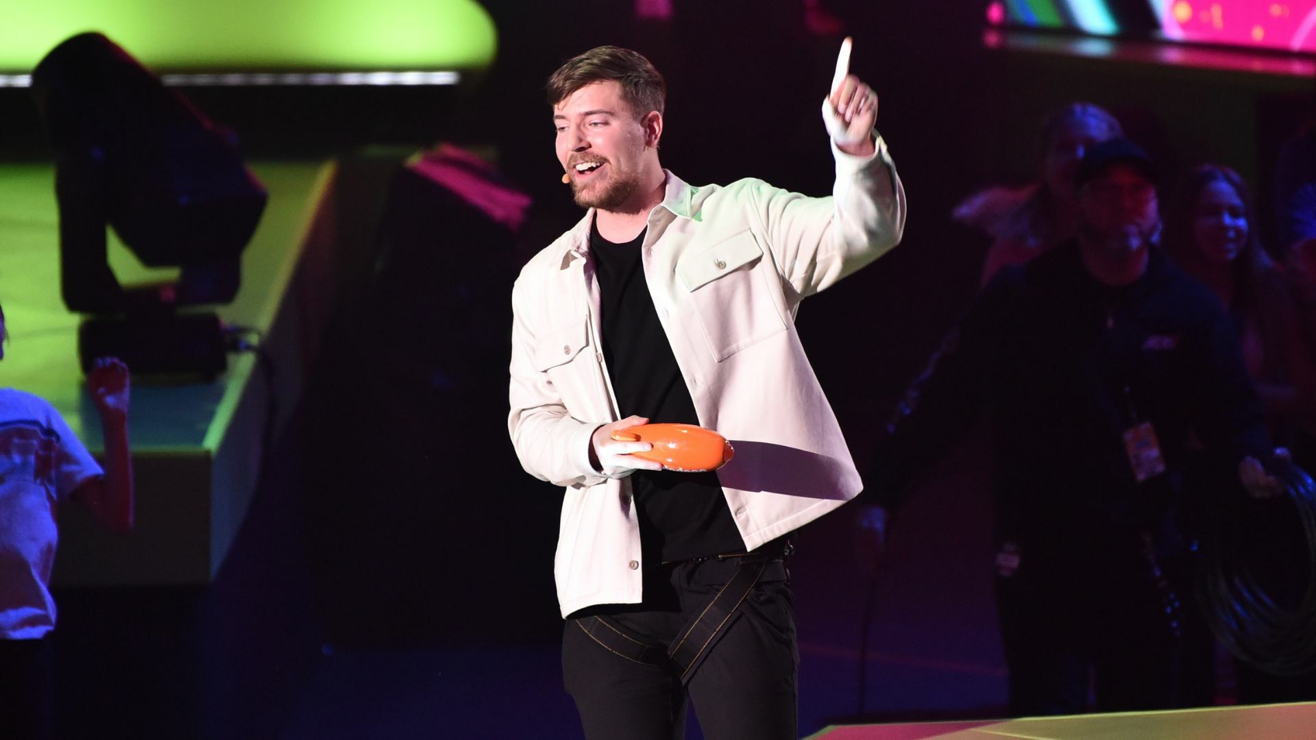 MrBeast speaks onstage during the 2023 Nickelodeon Kids' Choice Awards at Microsoft Theater.