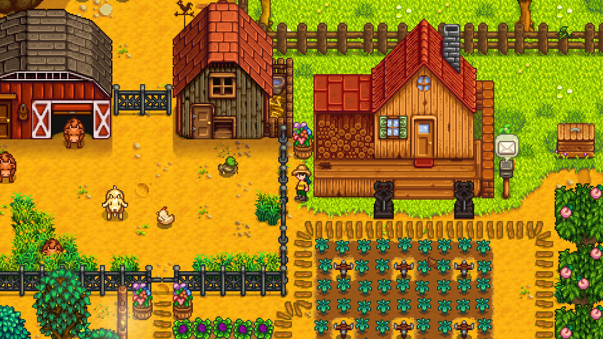 A screenshot of a farm in Stardew Valley.