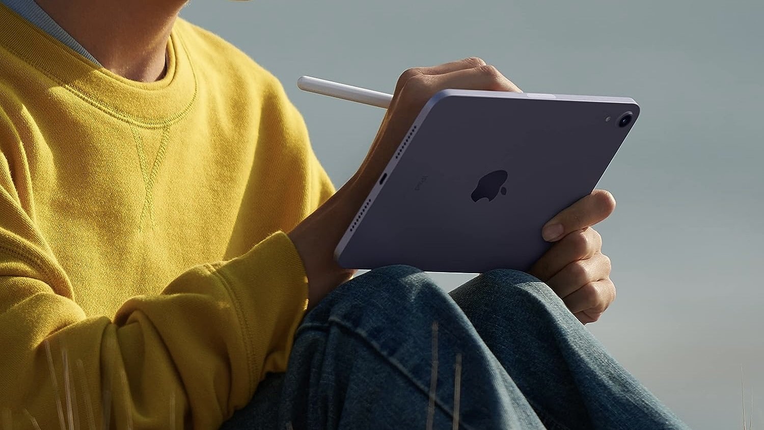 person writing on ipad mini with apple pencil