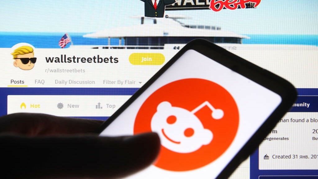 Reddit logo is seen on a mobile phone screen in front of the r/wallstreetbets subreddit, where participants discuss stock and options trading. 