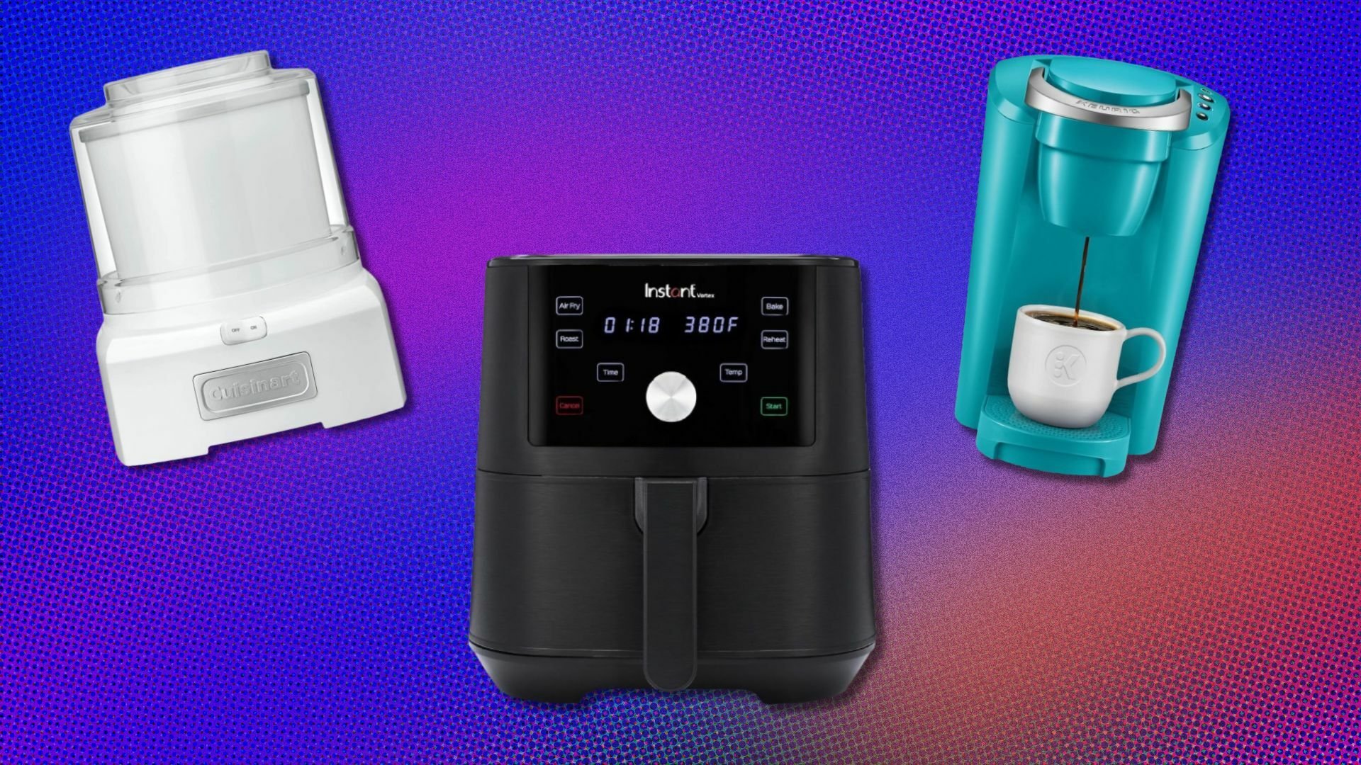 an ice cream maker, air fryer, and coffee machine on a purple background