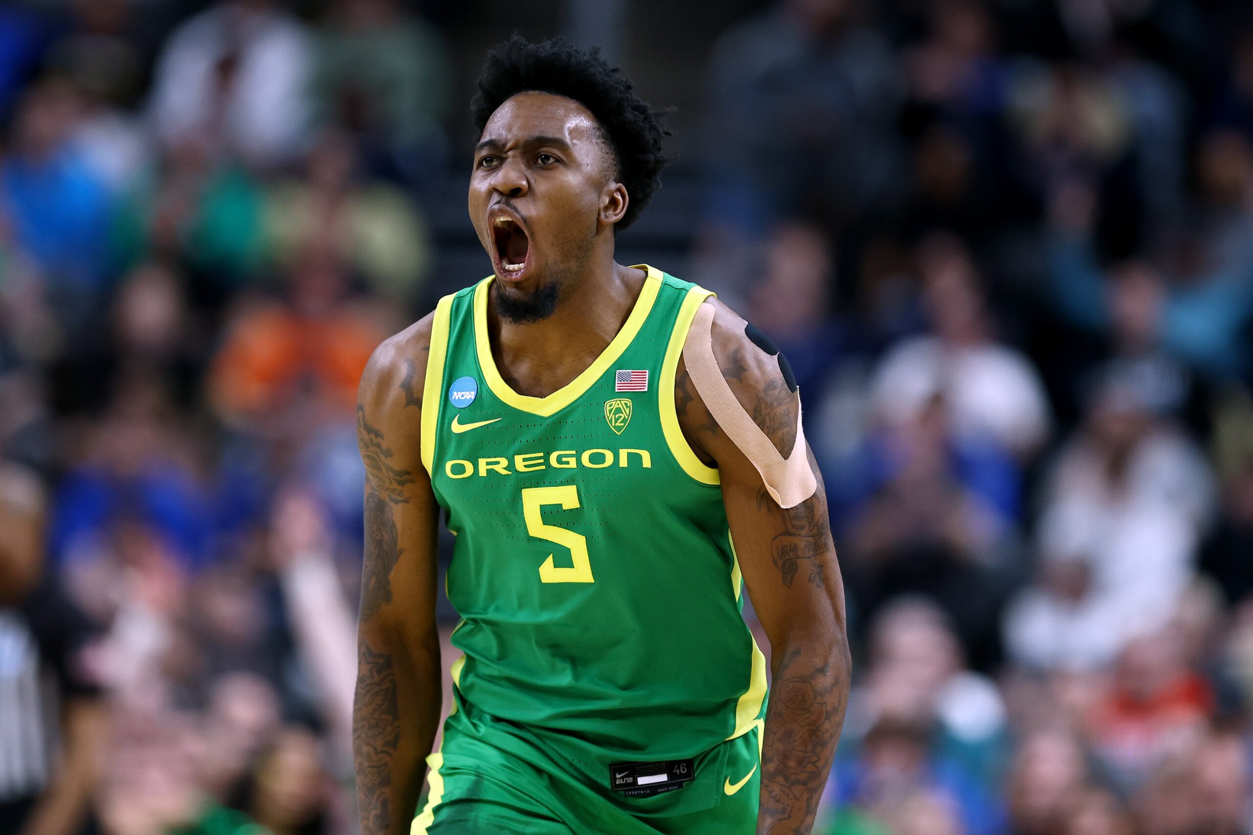 Jermaine Couisnard #5 of the Oregon Ducks reacts in the second half against the South Carolina Gamecocks in the first round of the NCAA Men's Basketball Tournament at PPG PAINTS Arena on March 21, 2024, in Pittsburgh, Pennsylvania.
