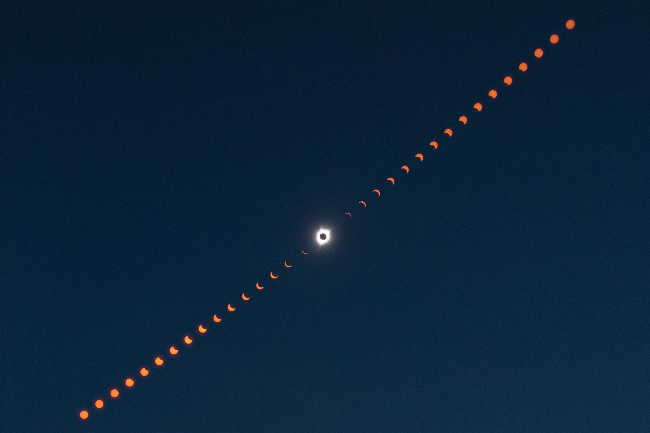 A composite image showing many phases of the eclipse with totality strikingly highlighted in the center