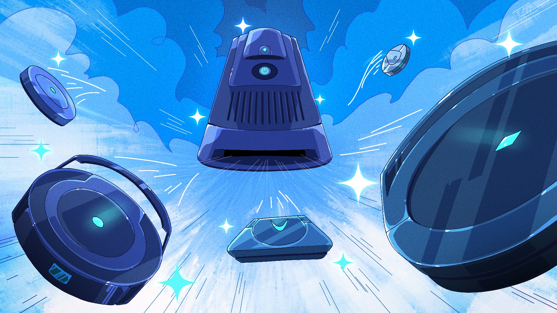 Blue-toned illustration featuring various robot vacuums flying out of large machine