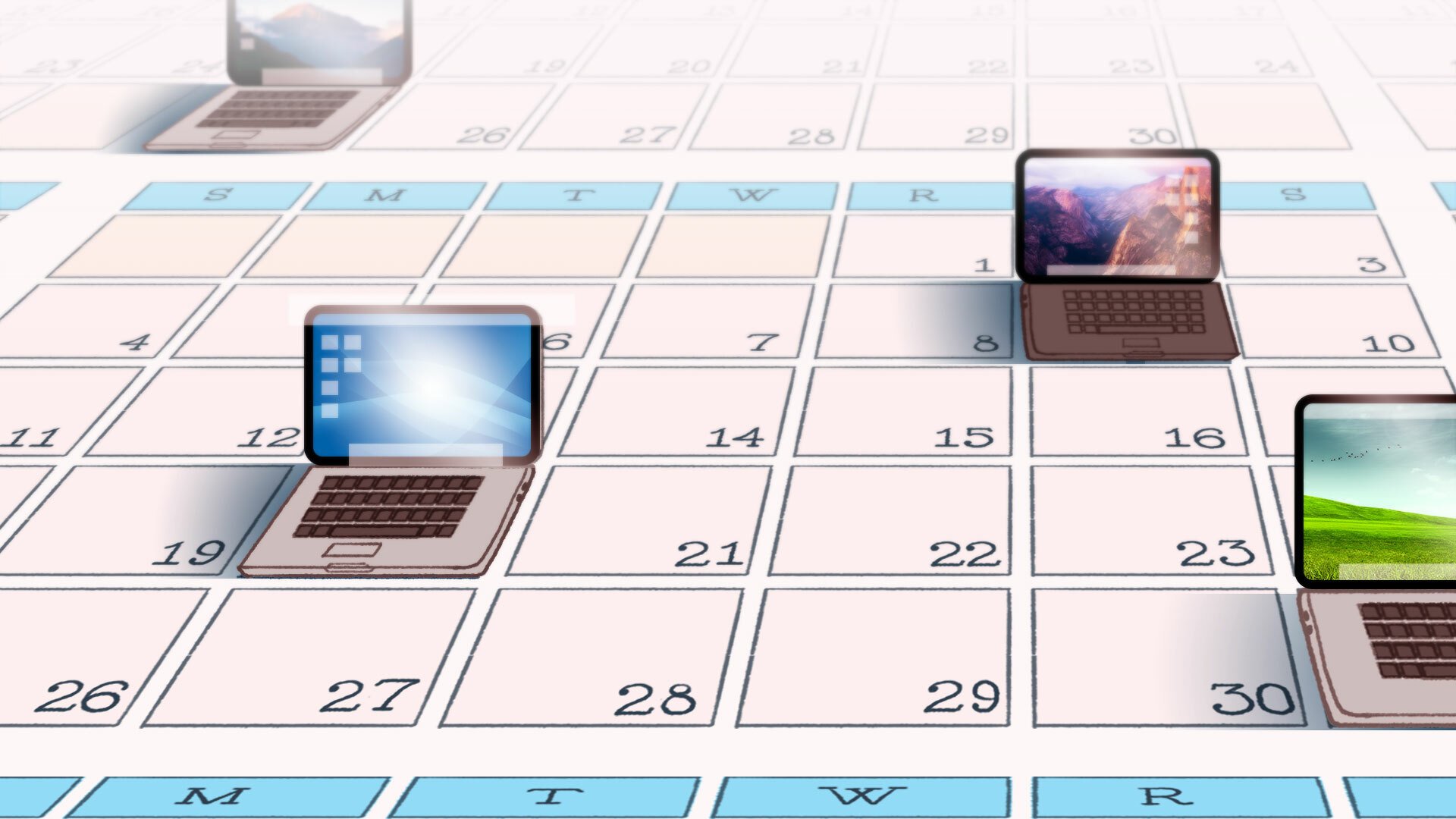 an illustration of a monthly calendar with dates replaced by miniature laptops