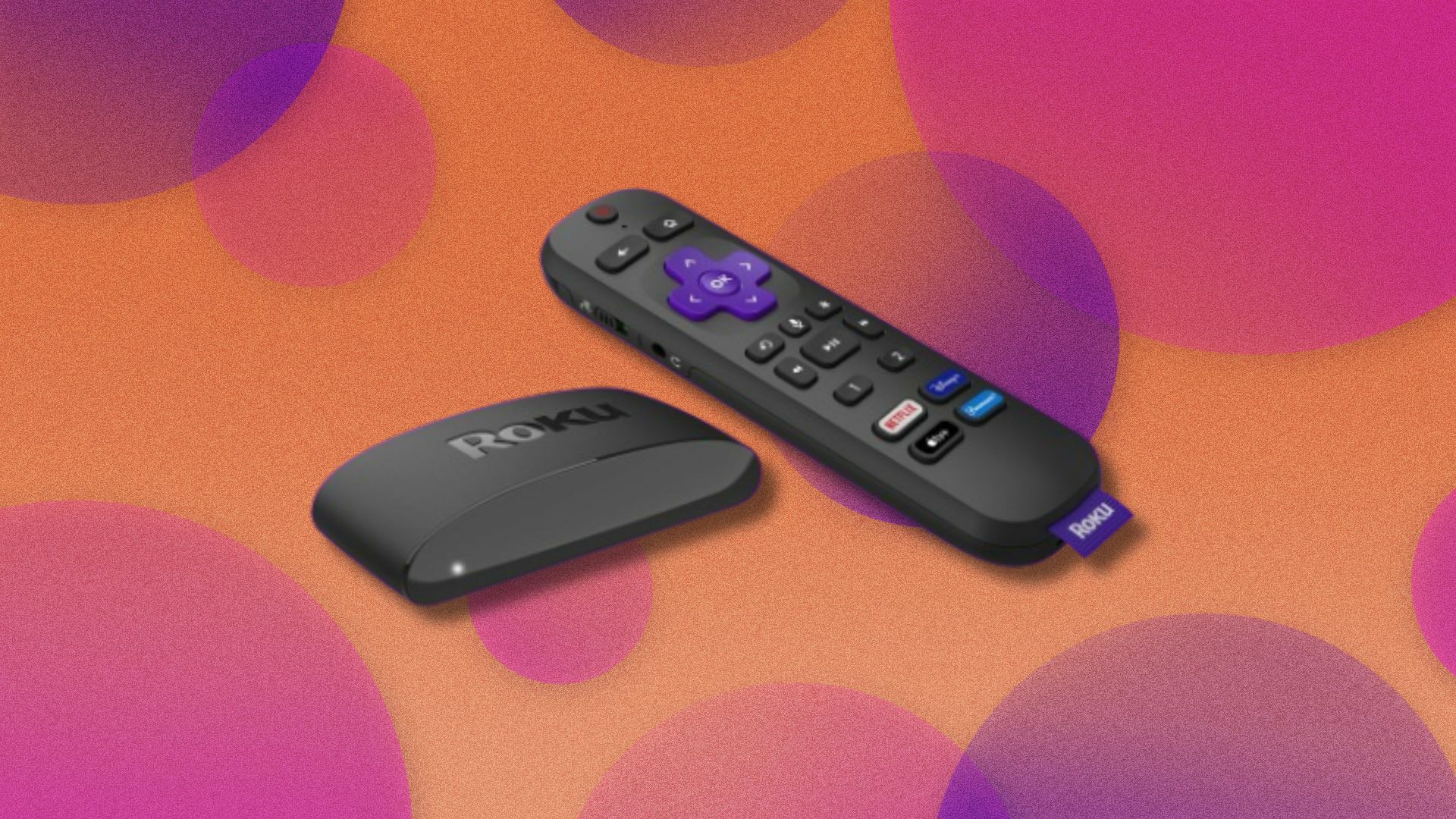a roku remote and receiver on an orange background with purple and pink semi-transparent circles