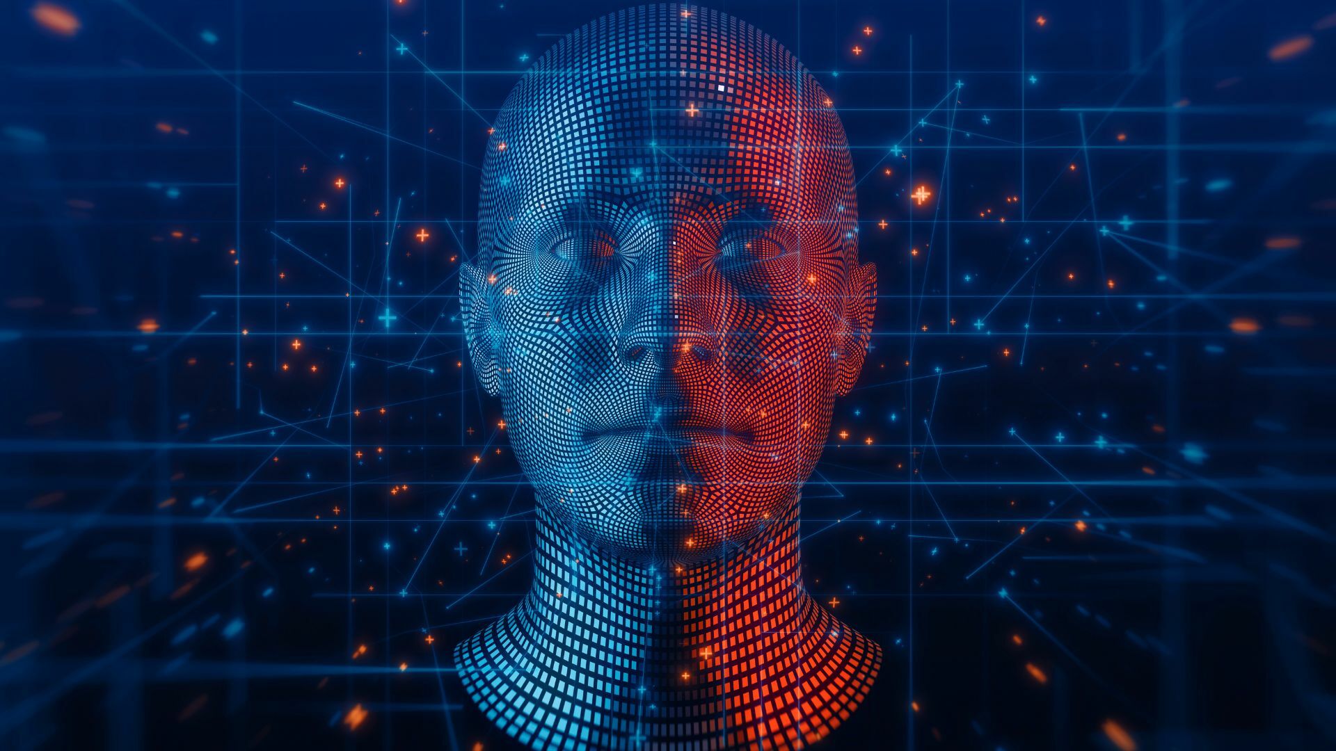 A digitized face of a man, representing artificial intelligence or machine learning concept.