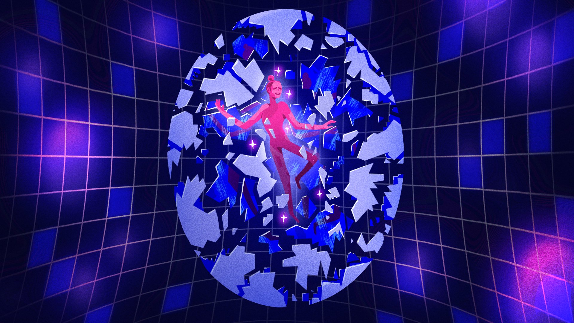 pink person inside a cracking egg surrounded by screens