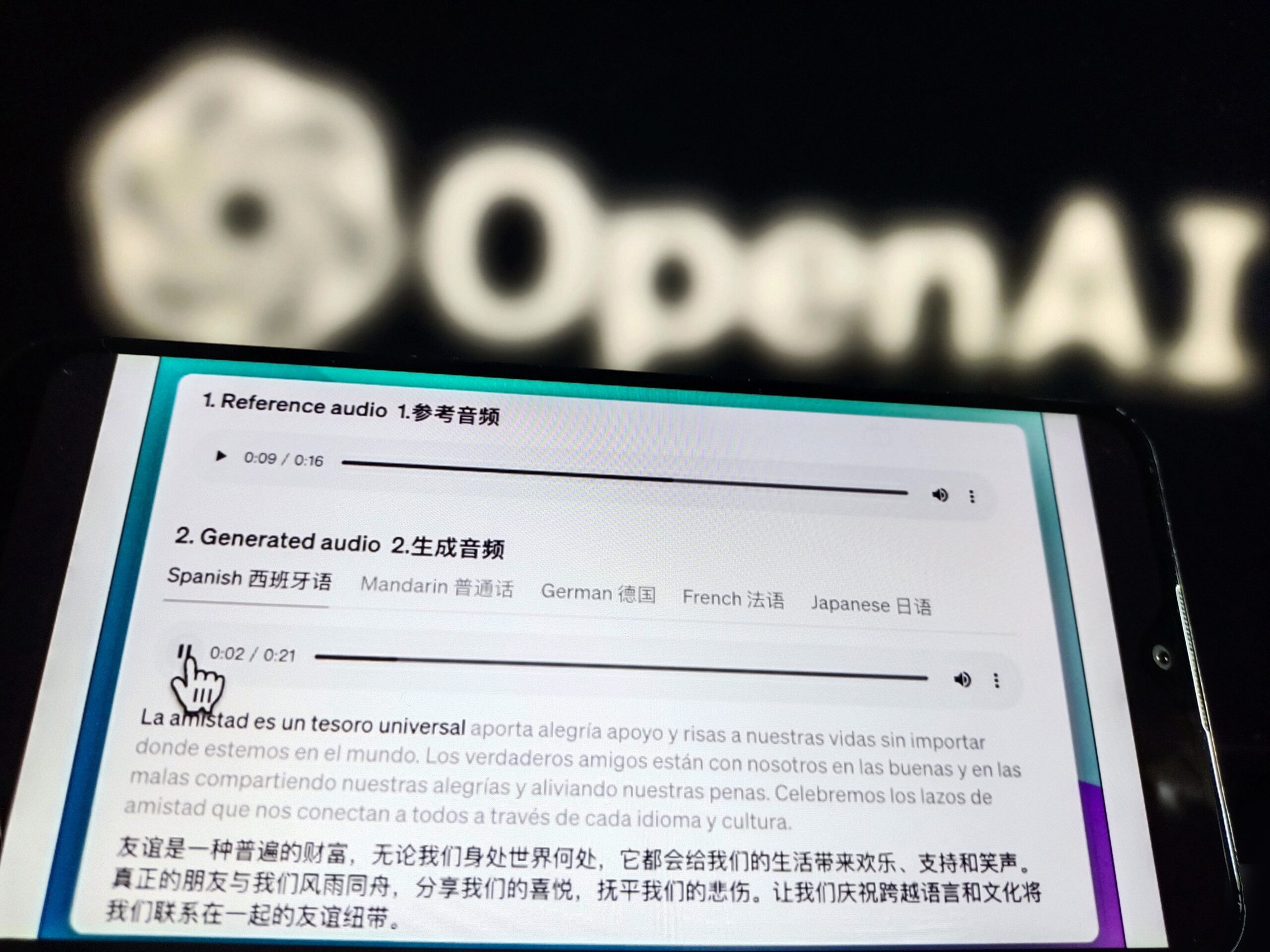computer screen displaying openai voice engine preview in front of openai logo