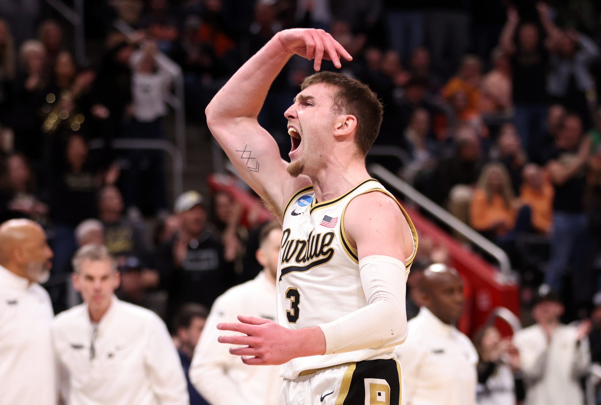 Braden Smith #3 of the Purdue Boilermakers reacts after a basket during the second half against the Gonzaga Bulldogs in the Sweet 16 round of the NCAA Men's Basketball Tournament at Little Caesars Arena on March 29, 2024, in Detroit, Michigan.