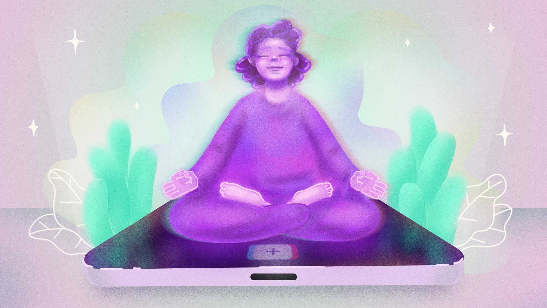 A woman meditating on a large phone with the TikTok logo on it