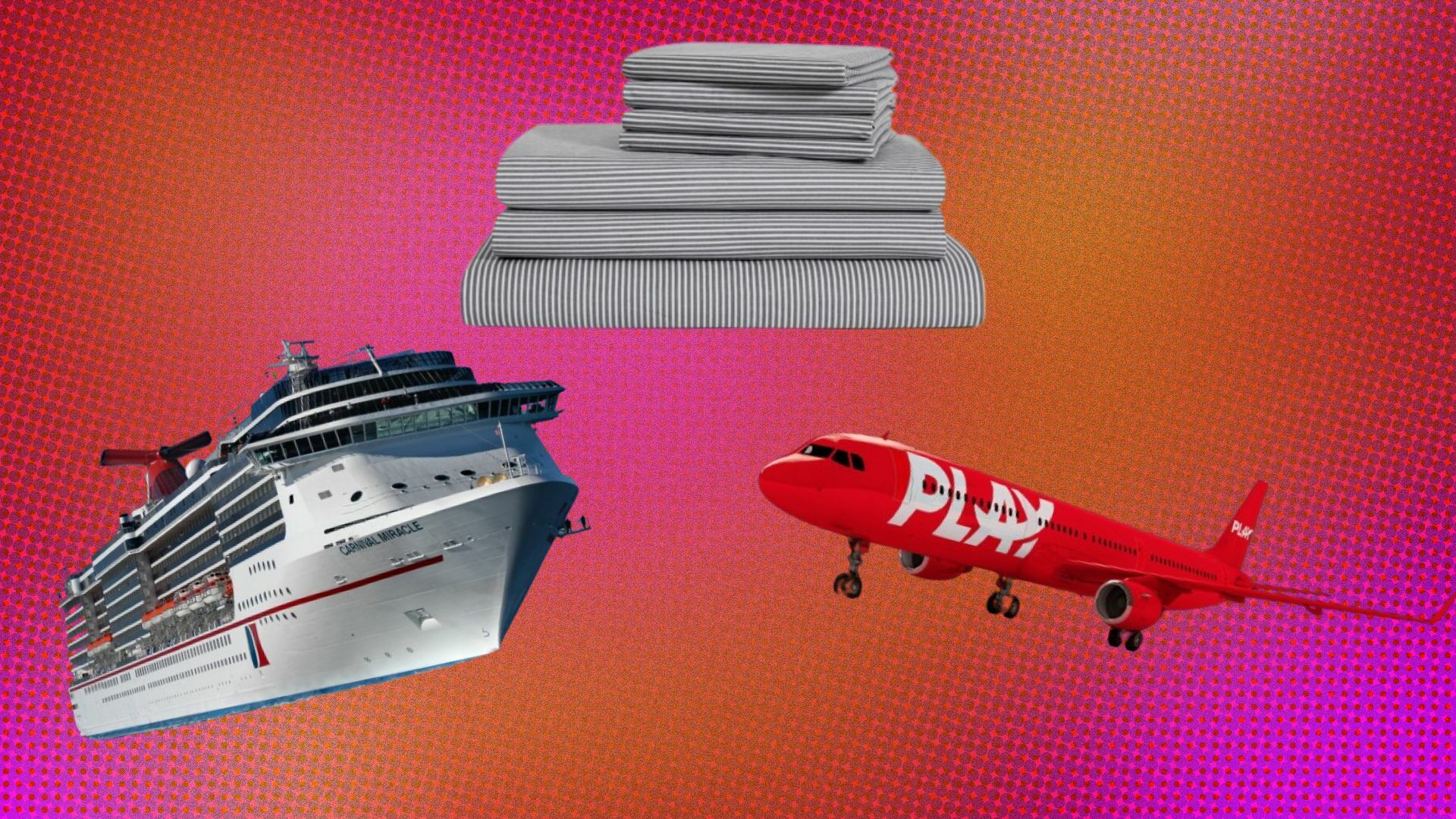 a cruise ship, a set of sheets, and an airplane on a pink and orange background