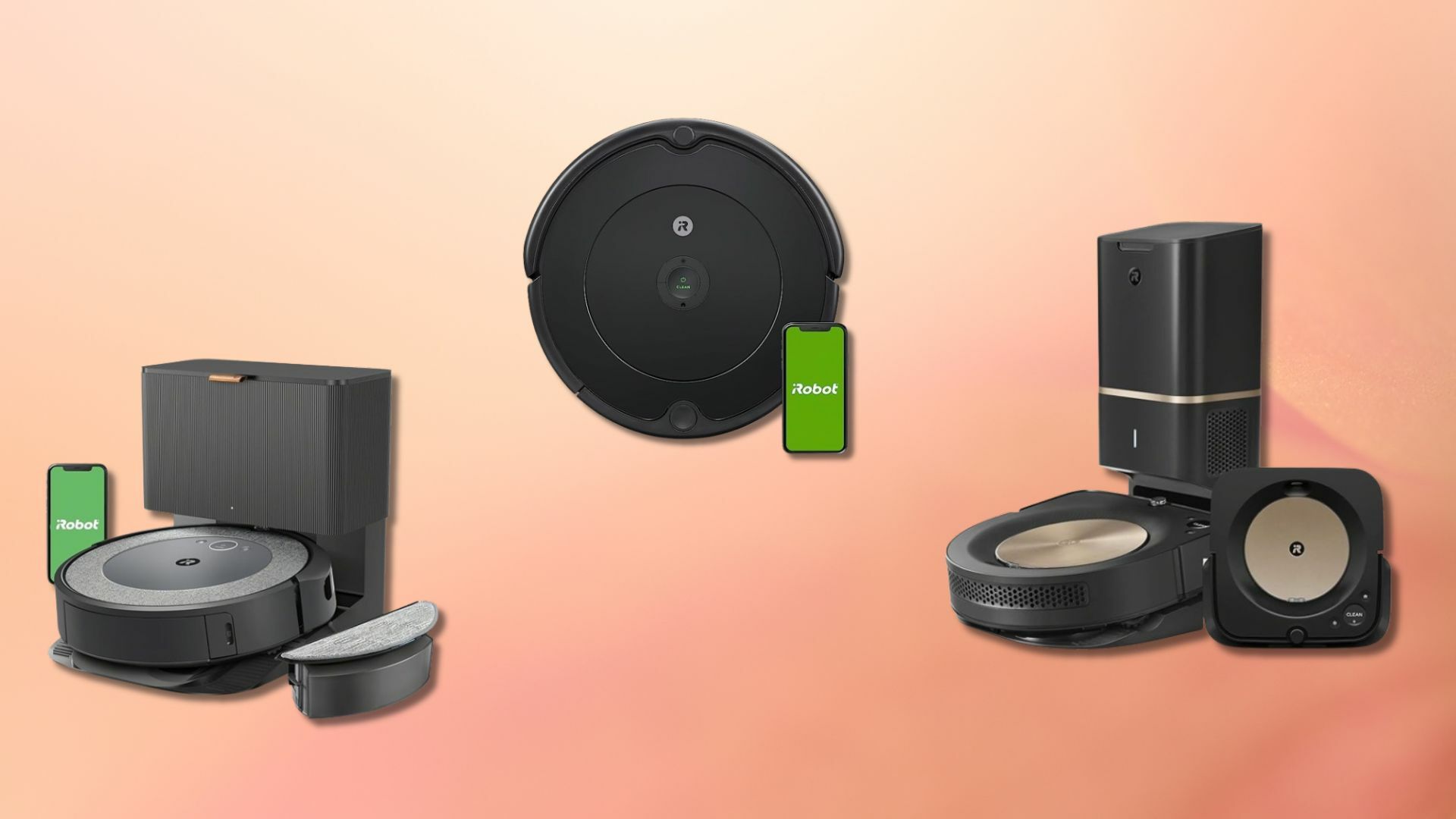 iRobot Roomba vacuums and Braava mops against an abstract background