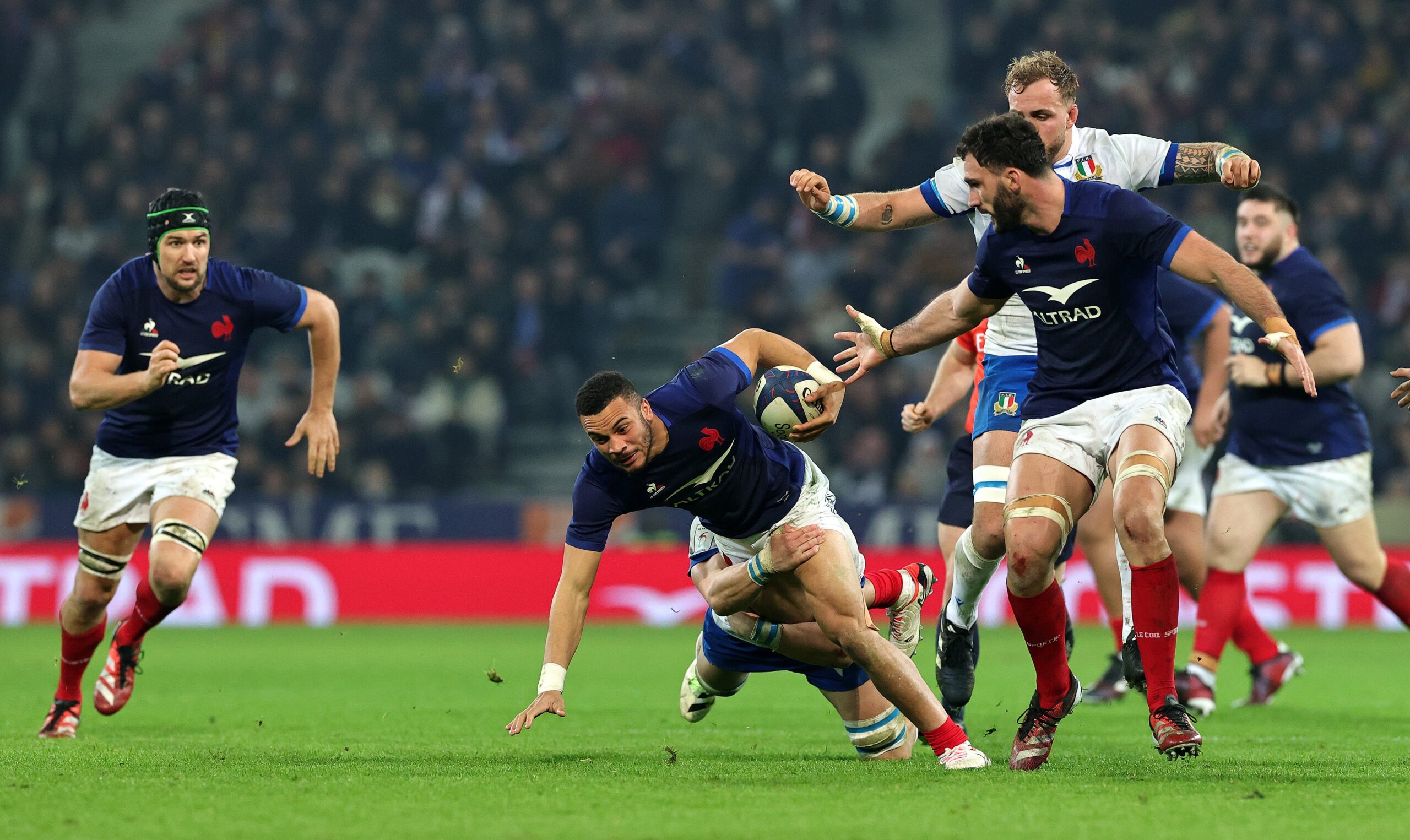 Mattis Lebel of France is held during the Guinness Six Nations 2024 match