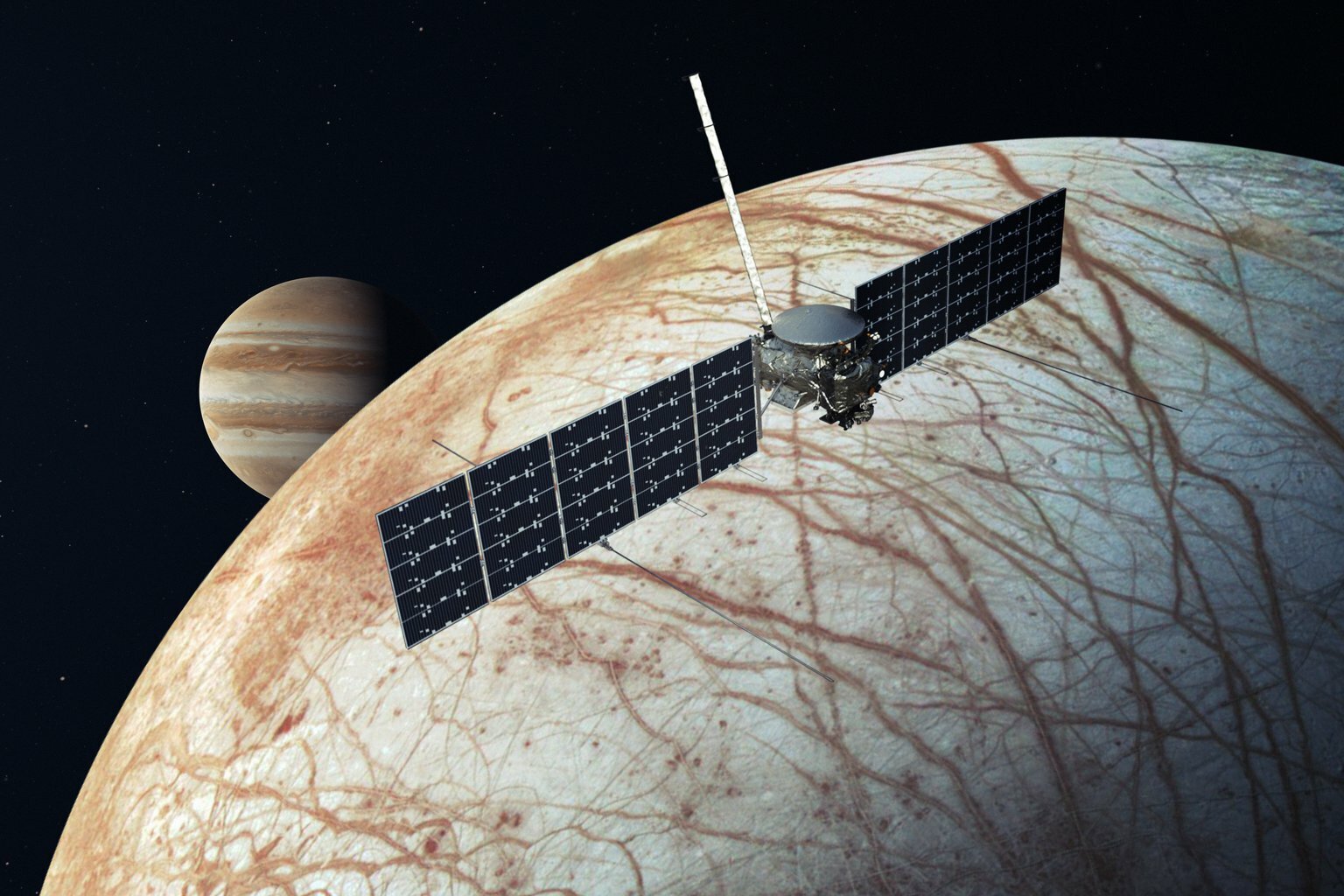 A conception of the Europa Clipper spacecraft flying over Jupiter's moon Europa.