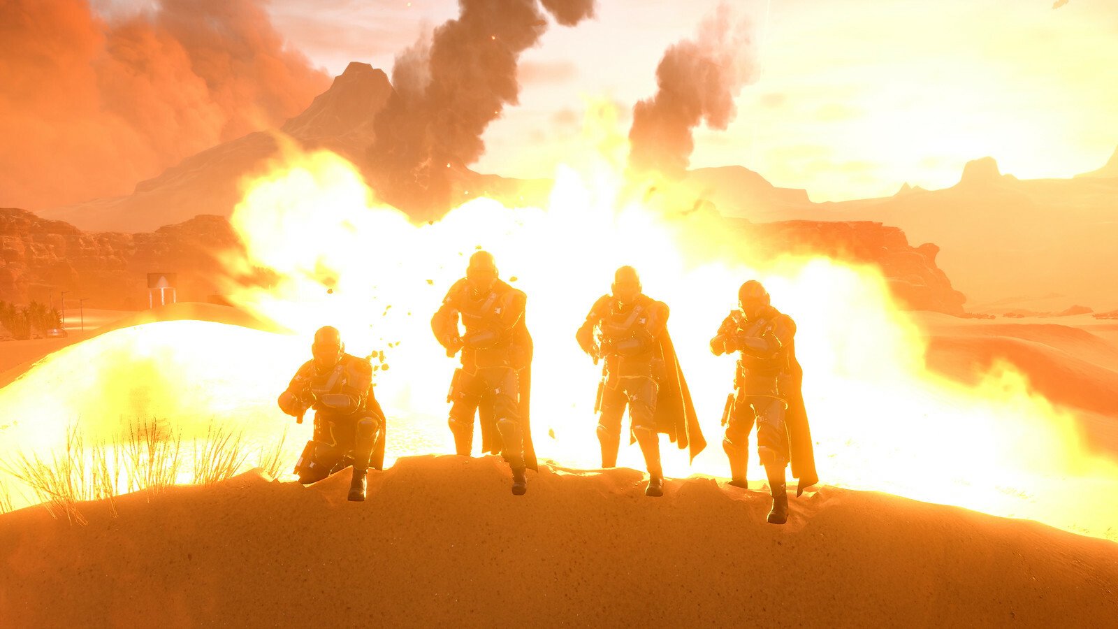 four 3d models of soldiers stand in front of an explosion