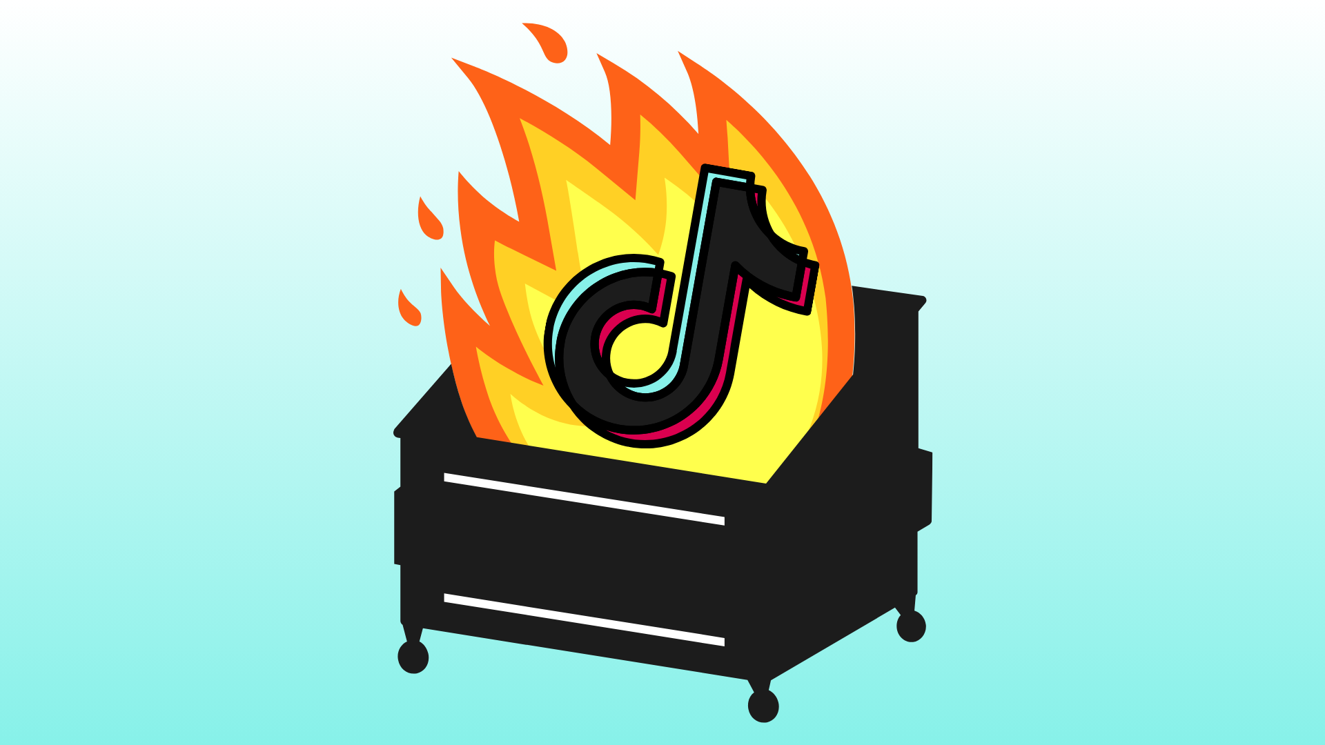 Am illustration of a black dumpster with fire shooting out of it. The TikTok logo can be seen in the flames.