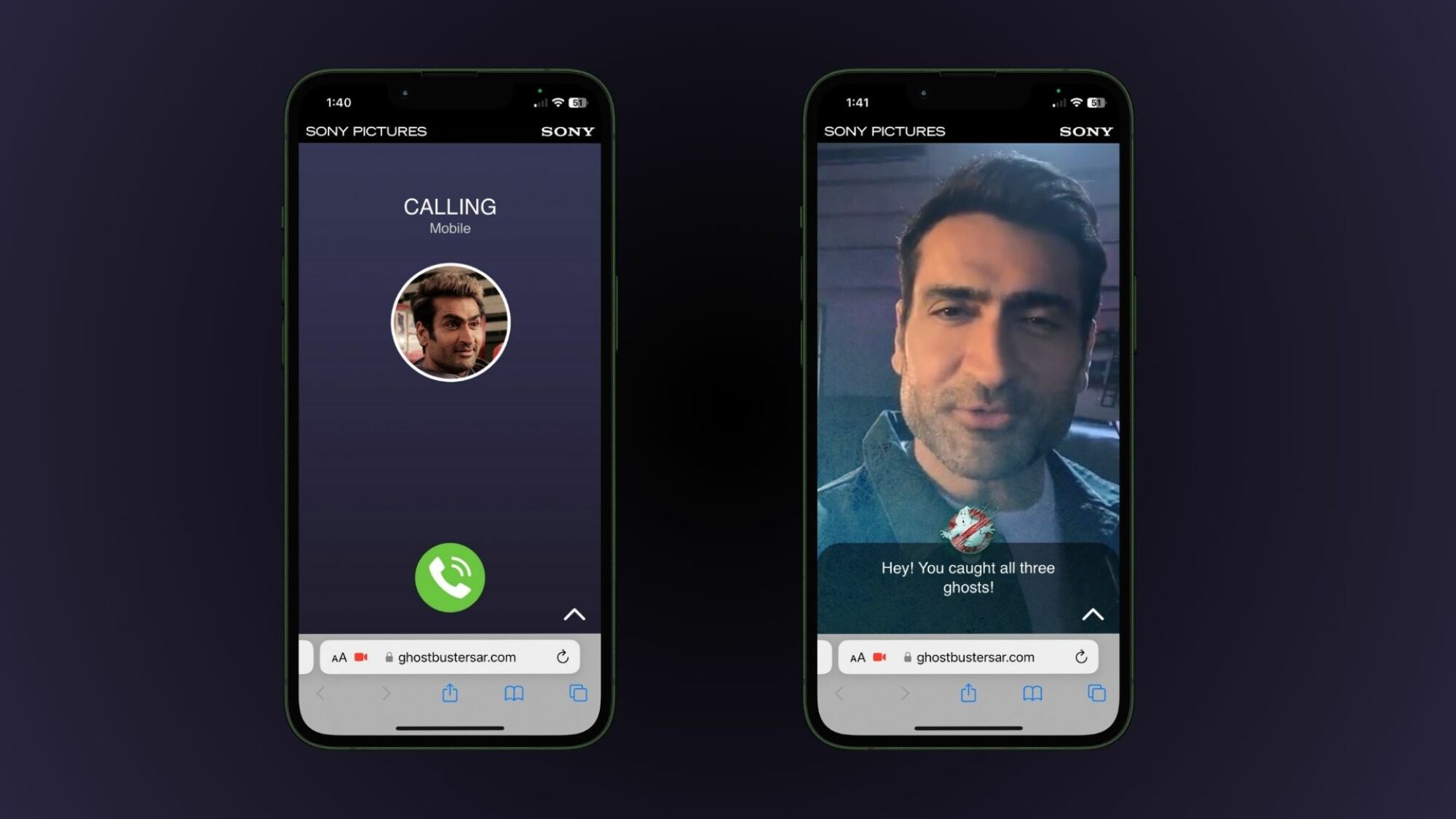 Two mockups of the Ghostbusters AR app showing Frozen Empire star Kumail Nanjiani on a video call.