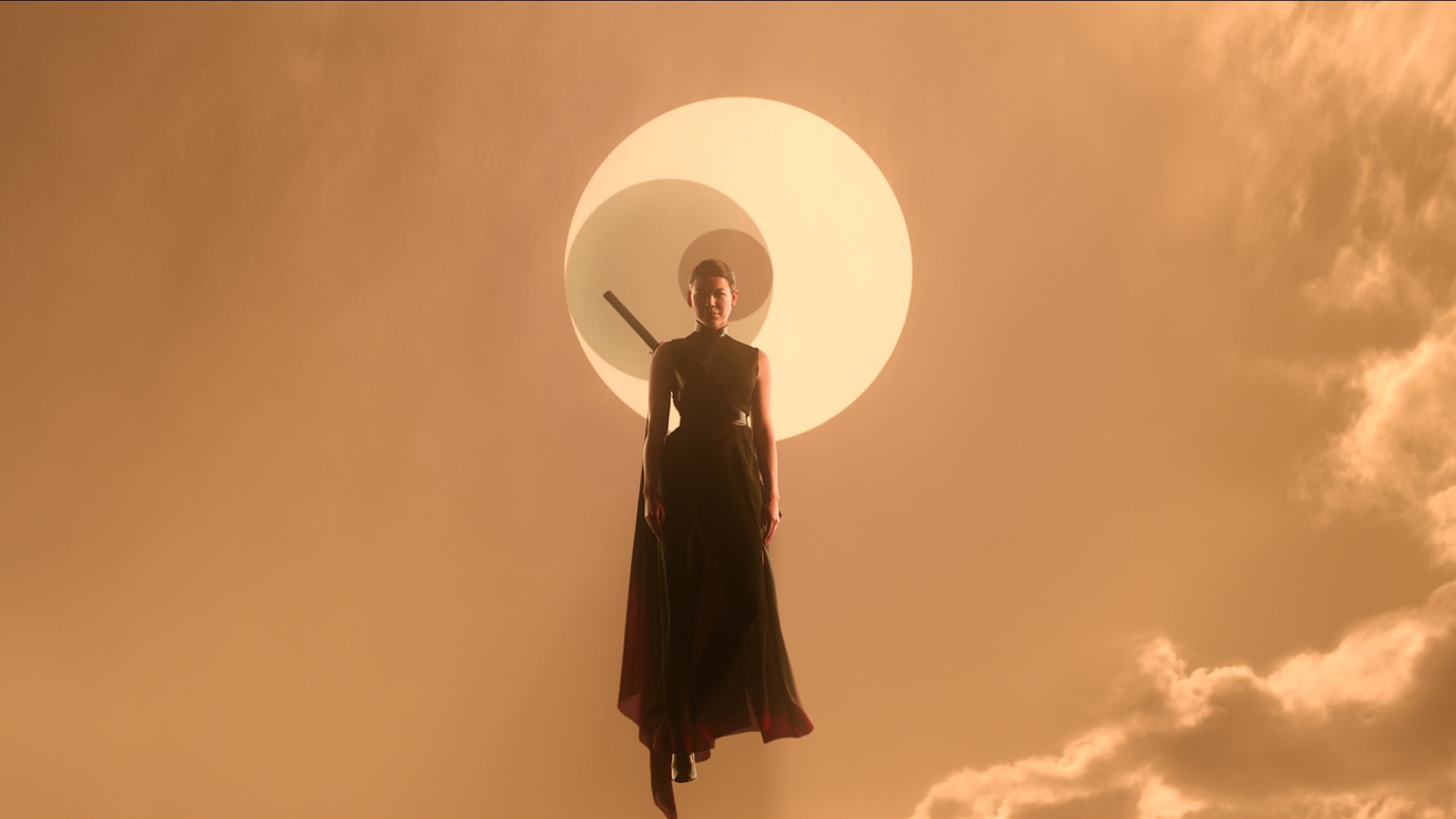 A warrior floats in the dusty sky in front of a three-way eclipse.