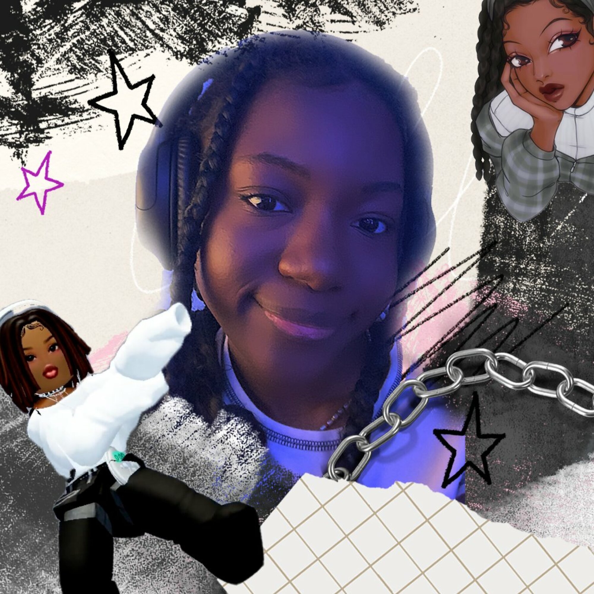 A photo of Lona smiling is pasted onto a digital collage of drawings and photos of her Roblox avatar.