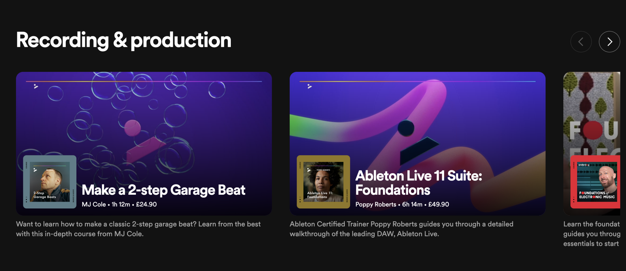A screenshot of Spotify's courses for recording and production.