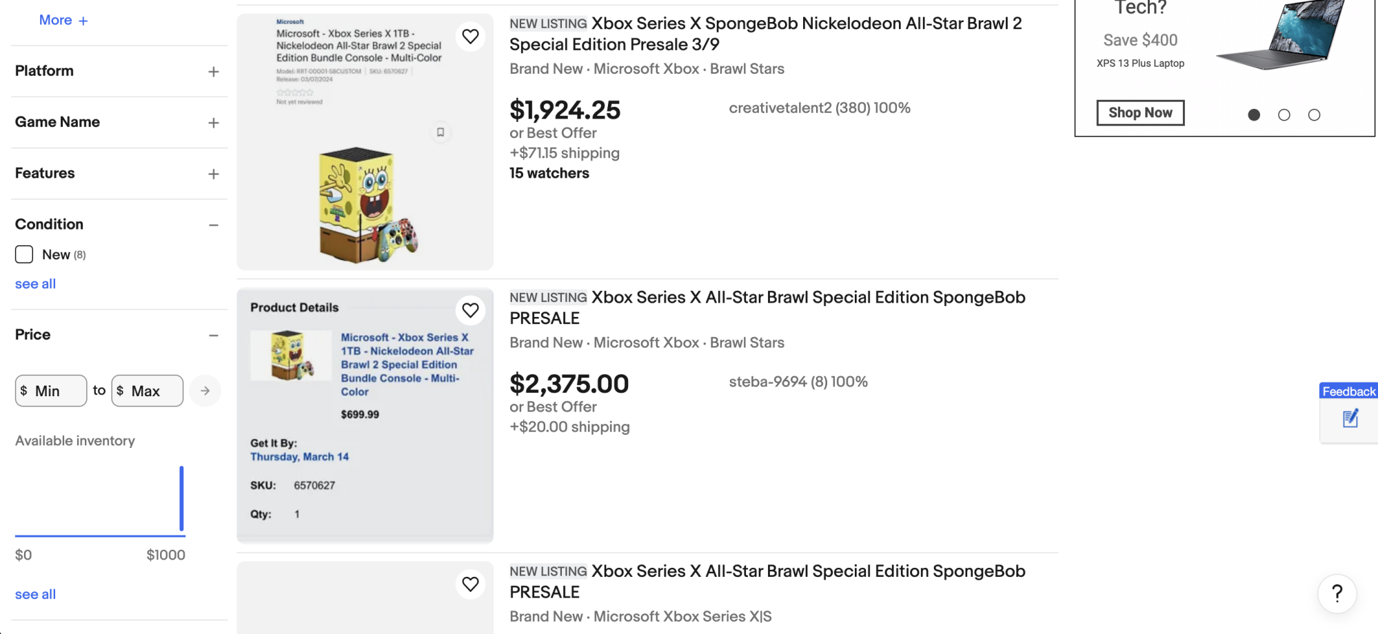Screenshot of SpongeBob Xbox eBay listings.