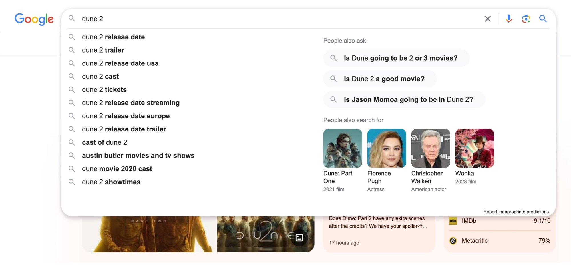 google chrome screenshot showing search suggestions about Dune 2 based on what other people are searching for