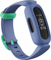 a blue fitbit ace 3 activity tracker for kids on a white background