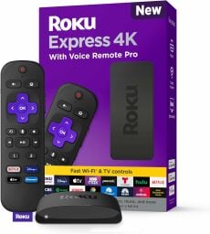 the roku express 4k streaming device with included box on a white background